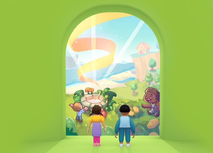 Miles & Daisy from Prodigy Education look through a door into the Prodigy English world.